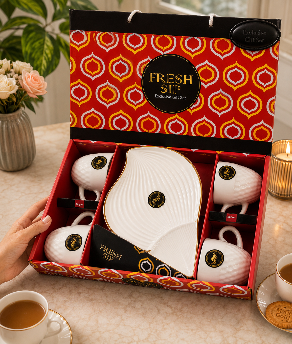 5 Pcs Fresh Sip Gift Set | 4 Ceramic Cups & 1 Premium Platter