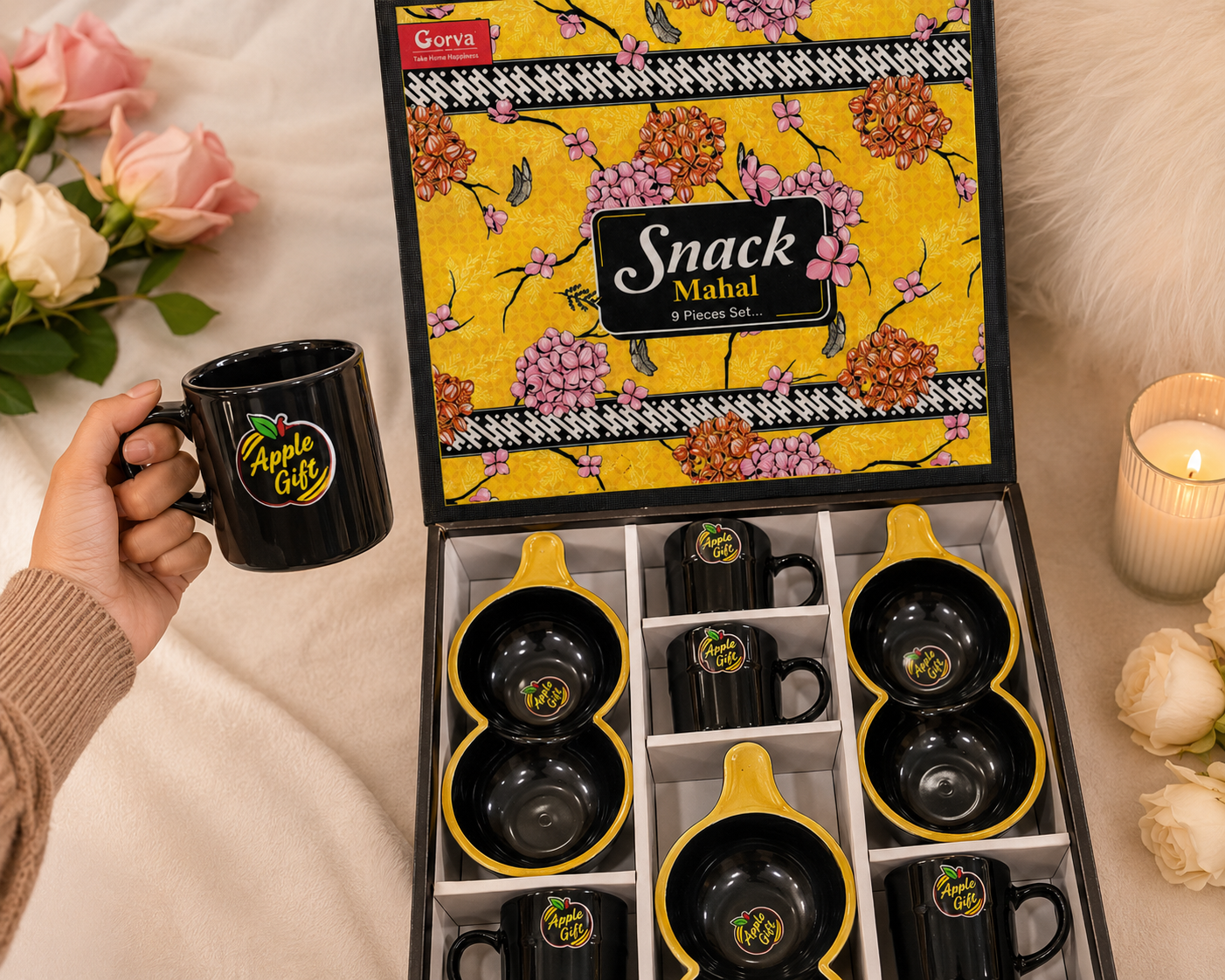 9 Pcs Snack Mahal | 6 Premium Cups & 3 Designer Platters