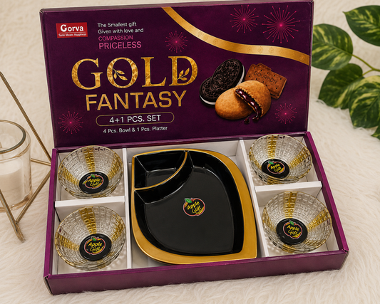 5 Pcs Gold Fantasy Pudding Set | 4 Premium Glass Bowls & 1 Big Platter
