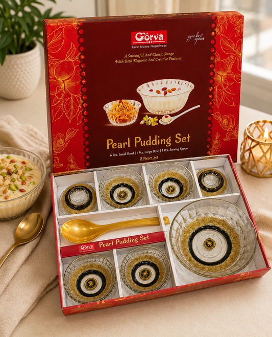 8 Pcs Pearl Pudding Set | 6 Small Bowls, 1 Big Bowl & 1 Serving Spoon