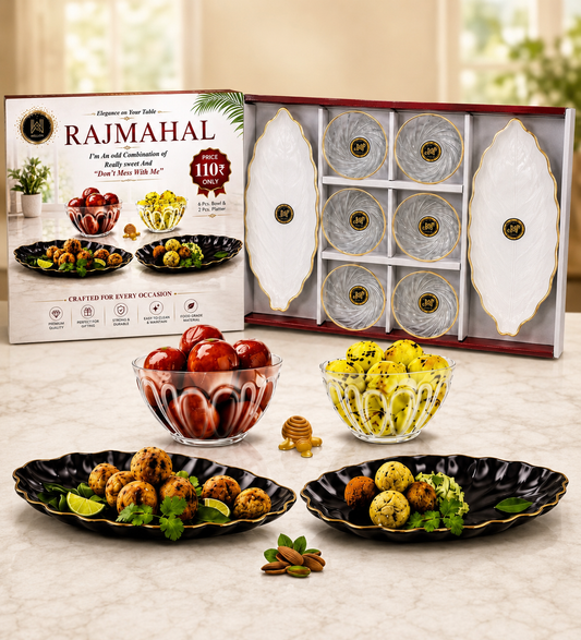 8 Pcs RajMahal Pudding Set | 6 Glass Bowls & 2 Platters | Elegant Dessert Gifting