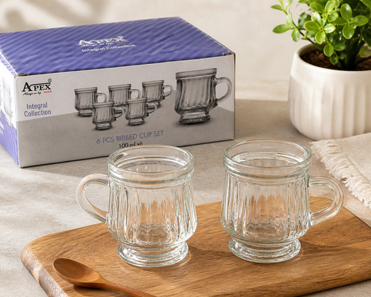6 Pcs Ribbed Glass Cup Set – Elegant Glassware for Every Occasion