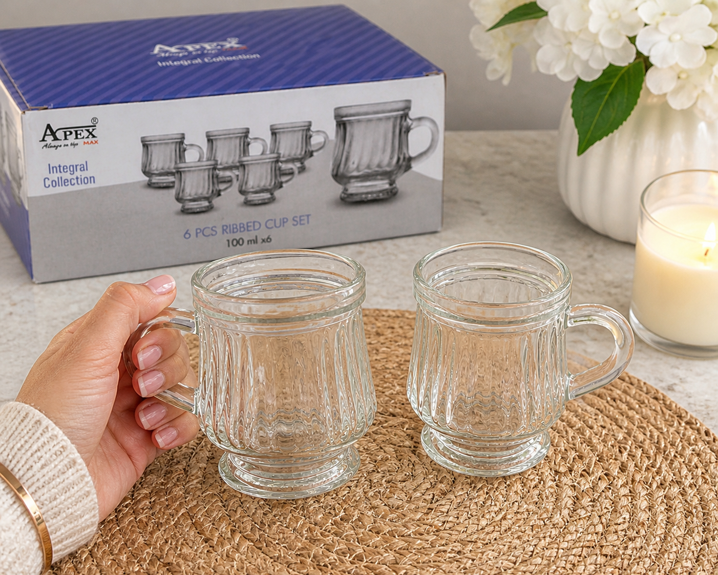 6 Pcs Ribbed Glass Cup Set – Elegant Glassware for Every Occasion