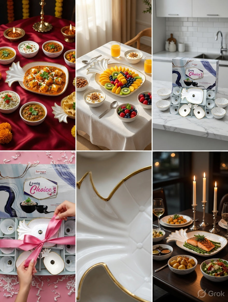 9 Pcs Crockery Set (6 Bowls, 2 Small Serving & 1 big serving plates)