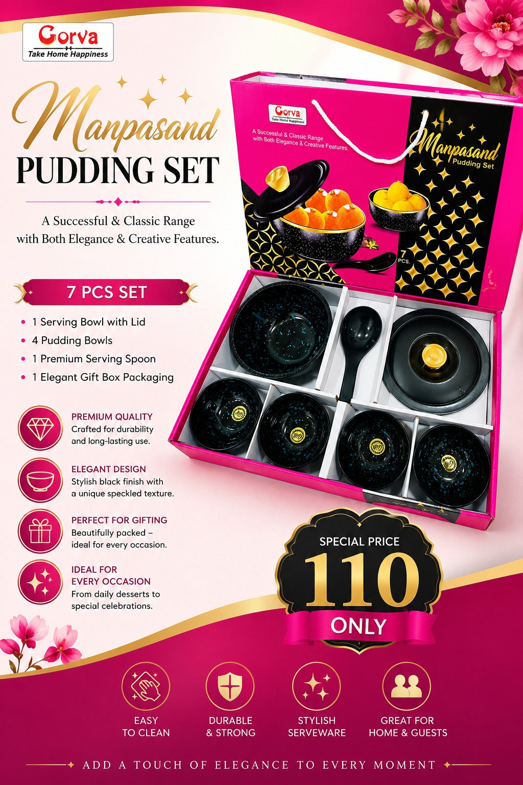 7 Pcs Manpasand Pudding Set | 4 Small Bowls, 1 Big Bowl, 1 Serving Spoon & 1 Lid |