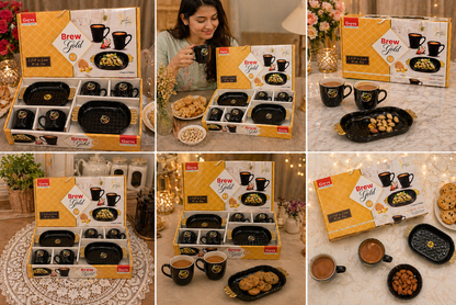 6 Pcs Brew Gold Tea Set | 4 Cups & 2 Big Platters