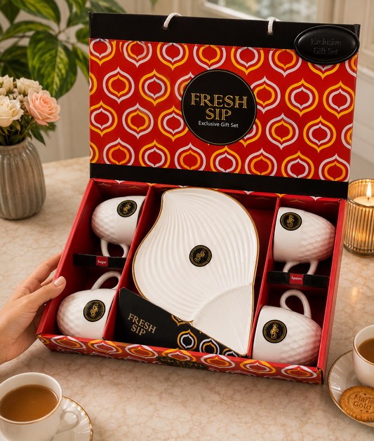 5 Pcs Fresh Sip Gift Set | 4 Ceramic Cups & 1 Premium Platter