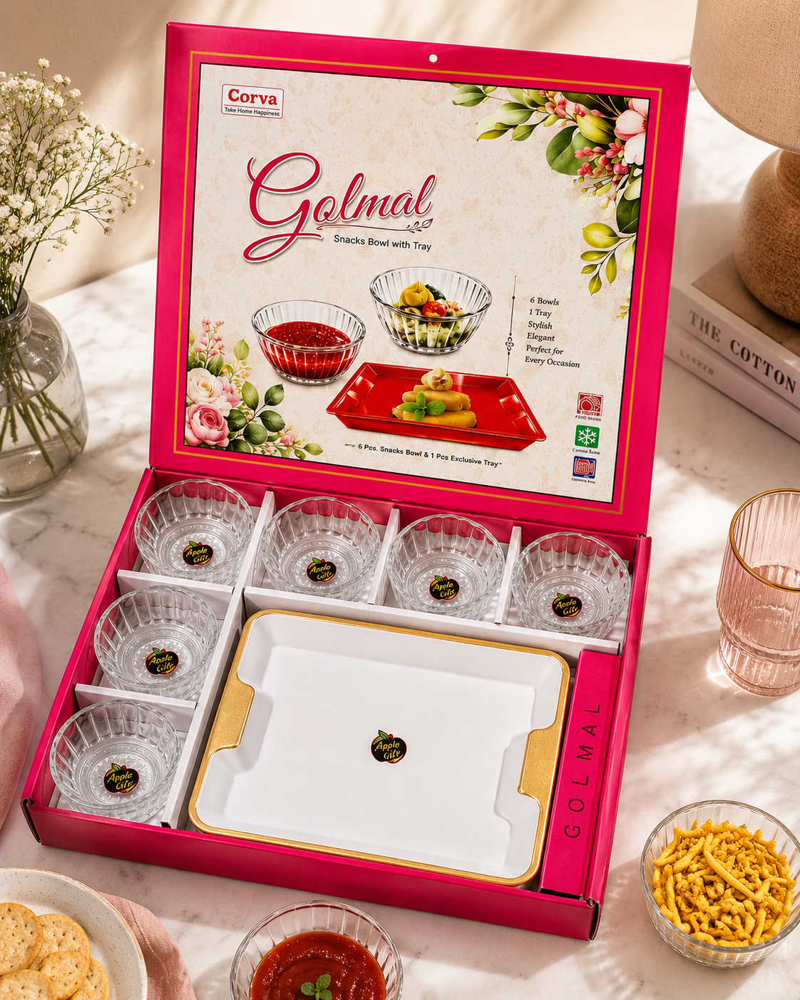 7 Pcs Golmal Snacks Set | 6 Elegant Bowls with 1 Tray | Perfect for Serving & Gifting