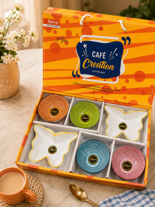 6 Pcs Cafe Creation Designer Bowl Set | 4 Premium Bowls & 2 White Platters