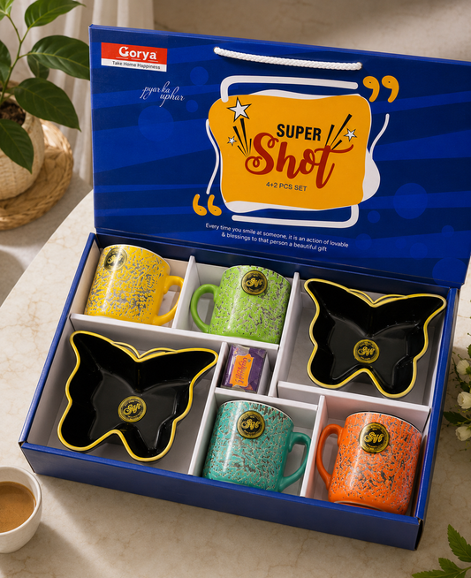 6 Pcs Super Shot Premium Gift Set | 4 Colourful Cups & 2 Black Platters