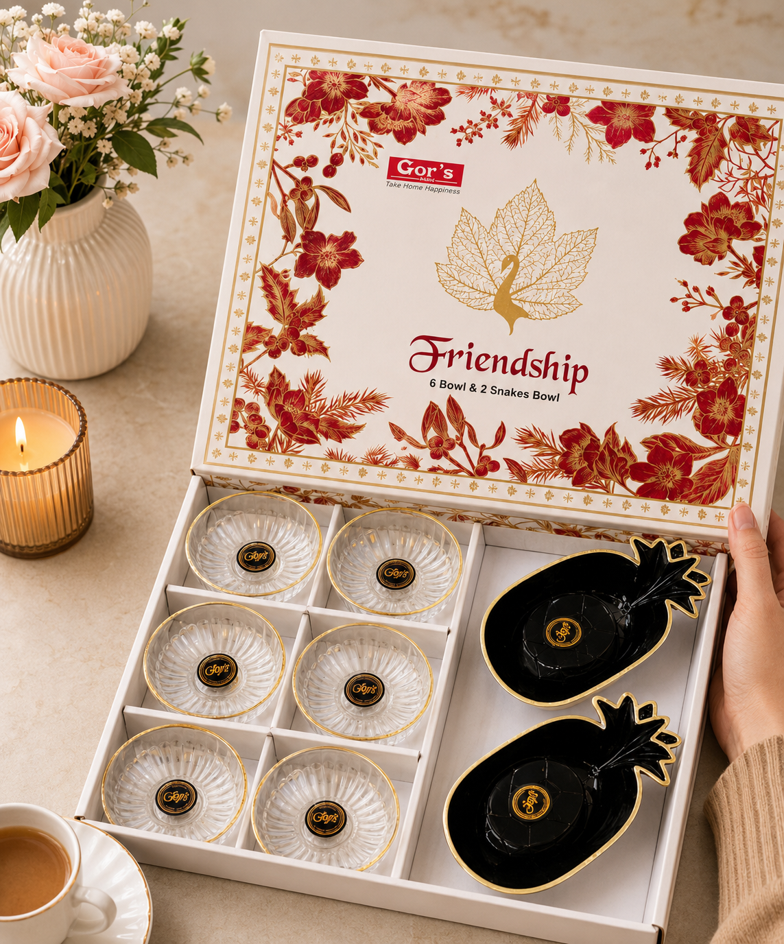 8 Pcs Friendship Gift Set | 6 Glass Bowls & 2 Black Platters