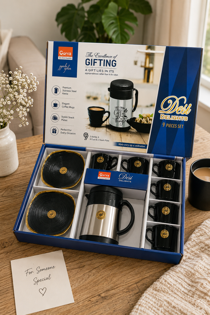 9 Pcs Desi Delight Gift Set | 1 Stainless Steel Kettle, 6 Cups & 2 Platters