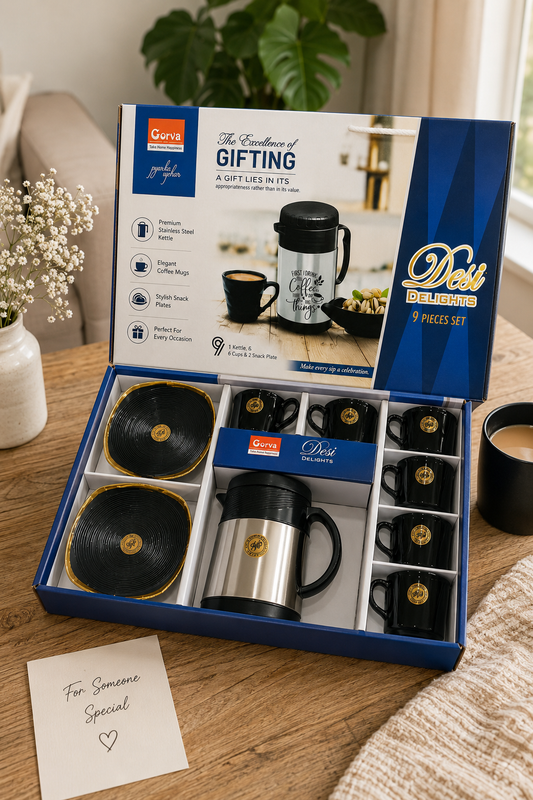 9 Pcs Desi Delight Gift Set | 1 Stainless Steel Kettle, 6 Cups & 2 Platters