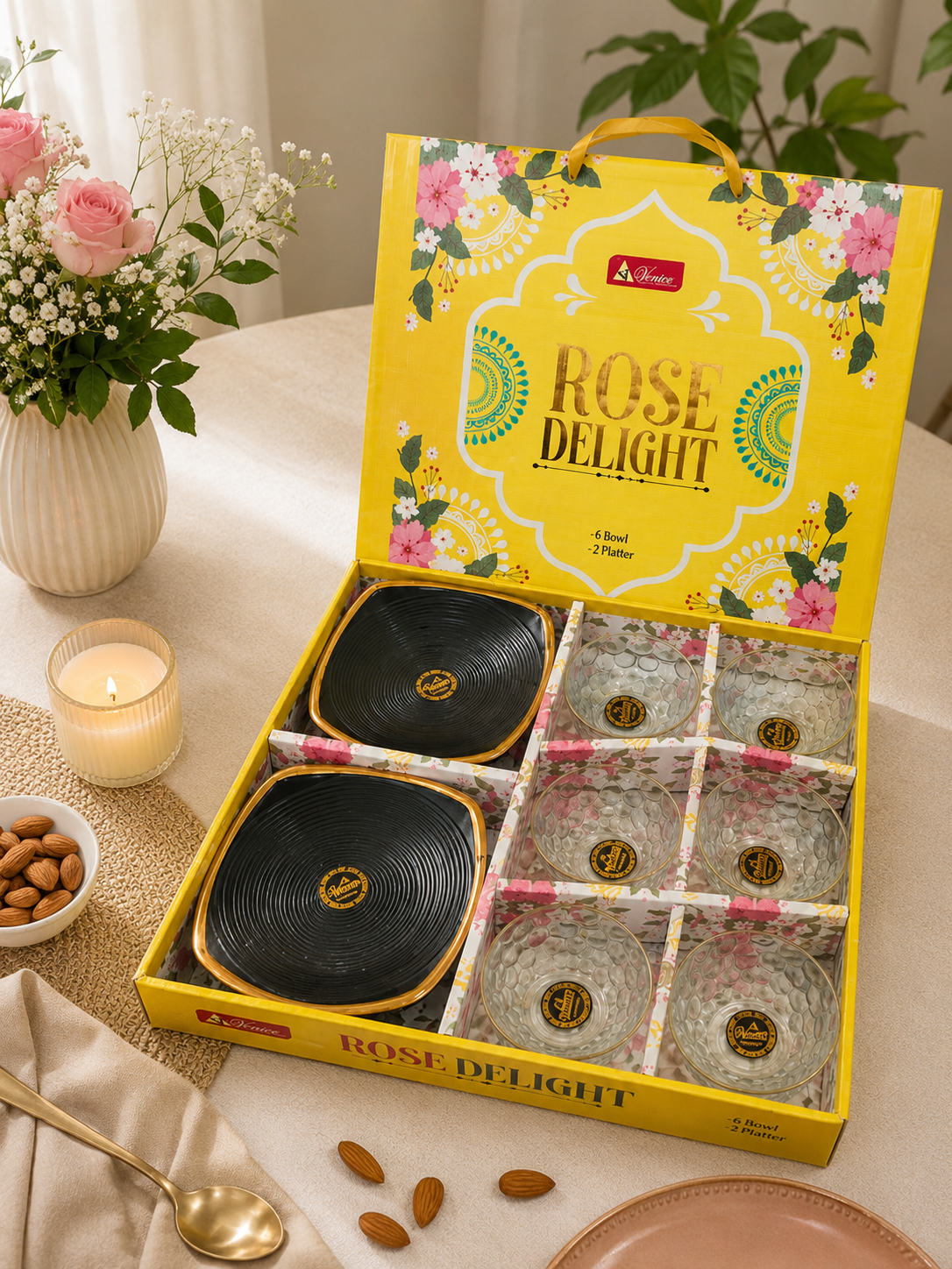 8 Pcs Rose Delight Pudding Set | 6 Bowls & 2 Platters