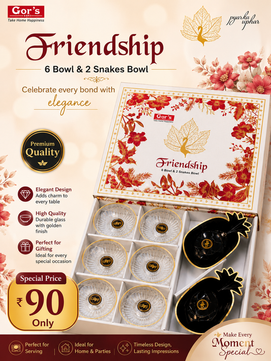 8 Pcs Friendship Gift Set | 6 Glass Bowls & 2 Black Platters