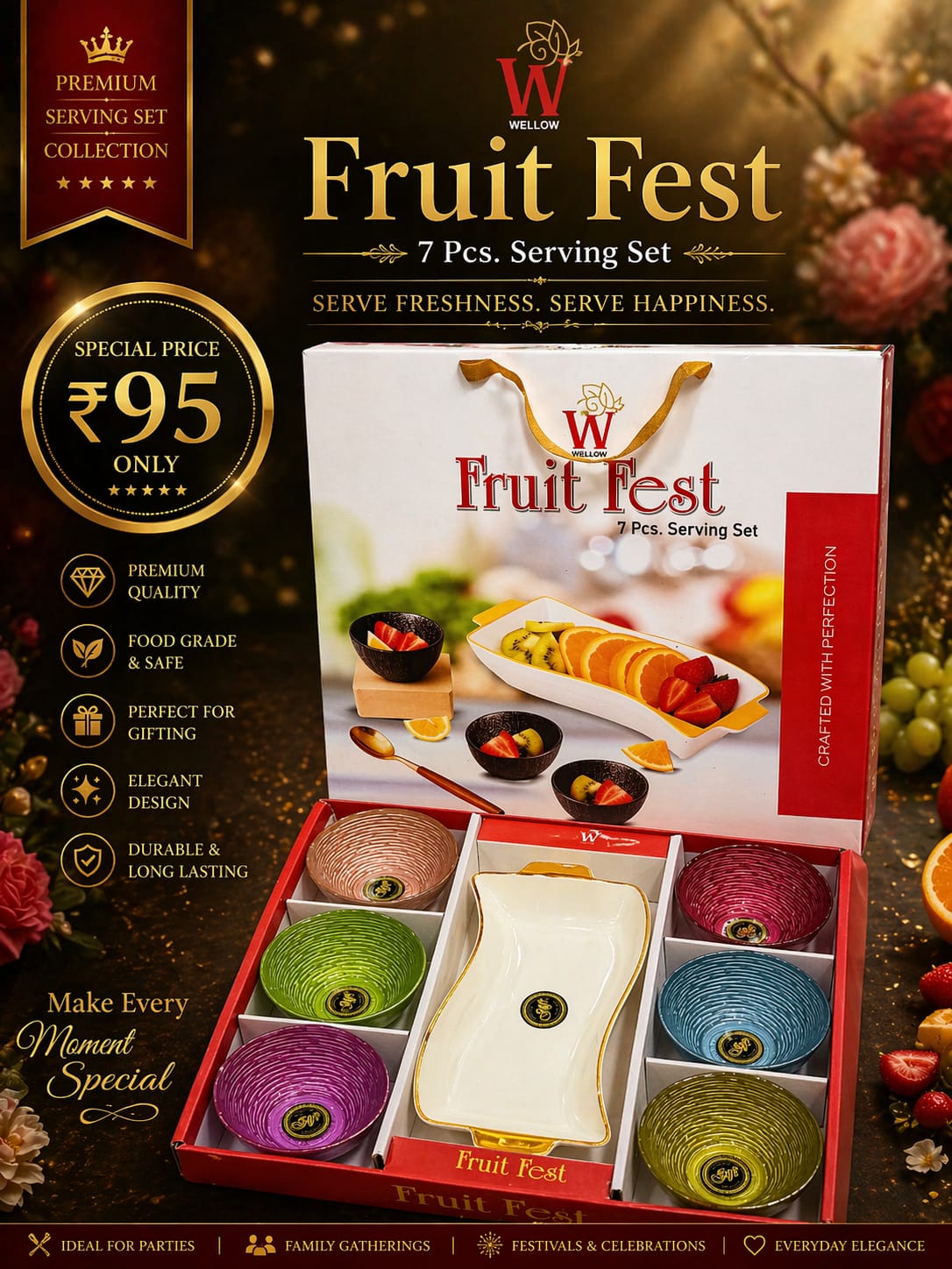 7 Pcs Fruit Fest - 6 Bowls & 1 Platter