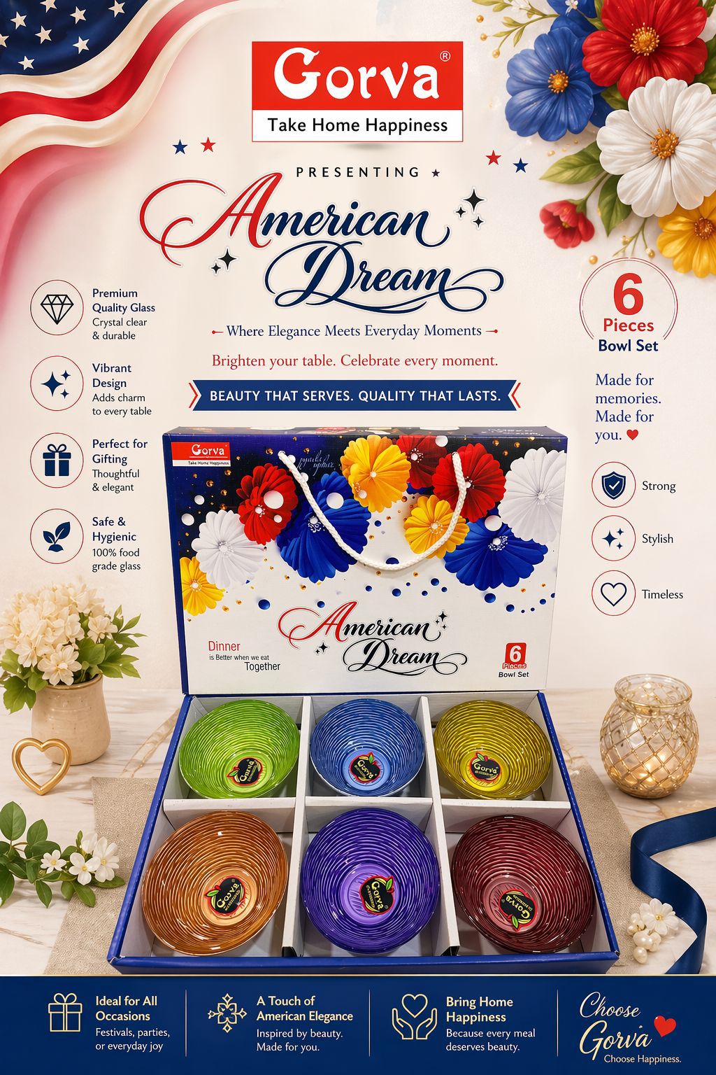 6 Pcs American Dream Premium Bowl Set – Elegant Serving for Every Occasion