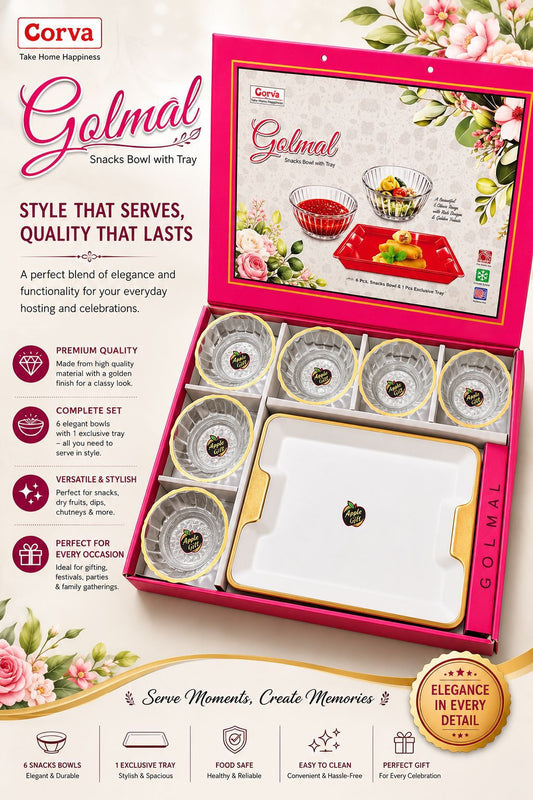 7 Pcs Golmal Snacks Set | 6 Elegant Bowls with 1 Tray | Perfect for Serving & Gifting