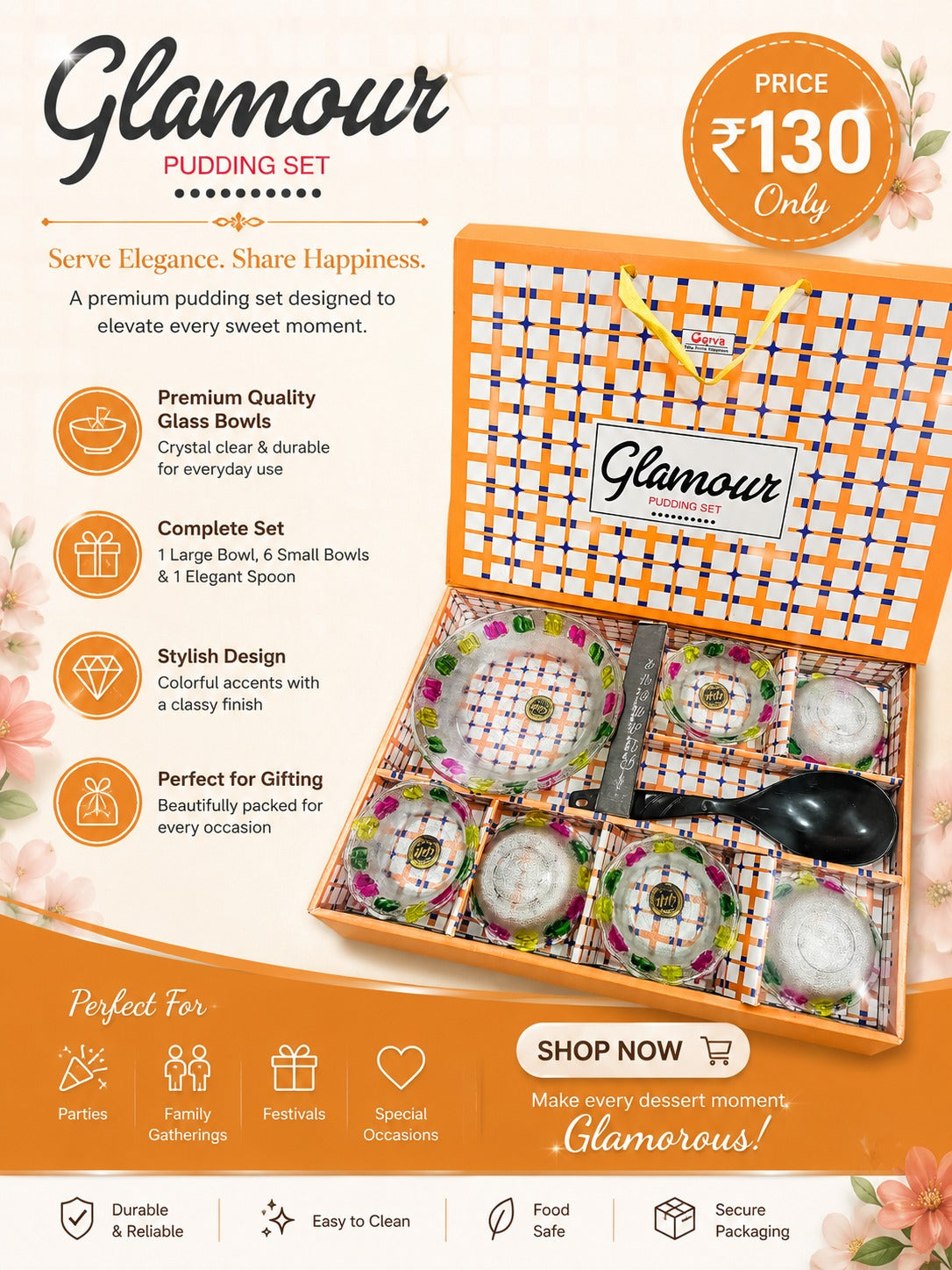 8 Pcs Glamour Pudding Set | 6 Small Bowls + 1 Serving Bowl & 1 Serving Spoon