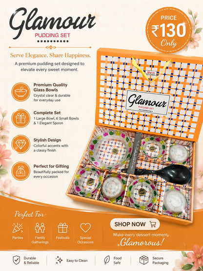8 Pcs Glamour Pudding Set | 6 Small Bowls + 1 Serving Bowl & 1 Serving Spoon