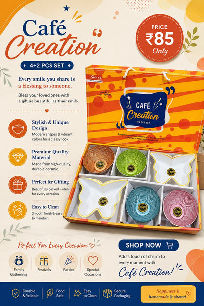 6 Pcs Cafe Creation Designer Bowl Set | 4 Premium Bowls & 2 White Platters