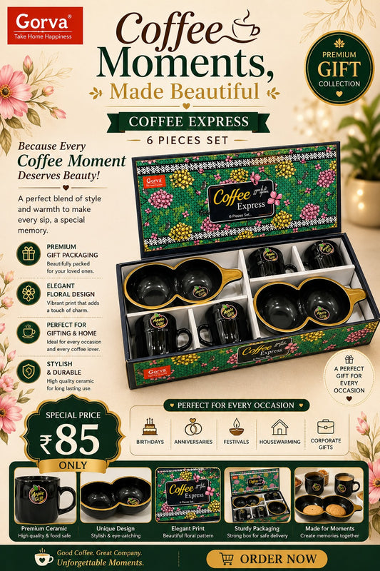 6 Pcs Coffee Moments Gift Set | 4 Cups & 2 Premium Serving Platters