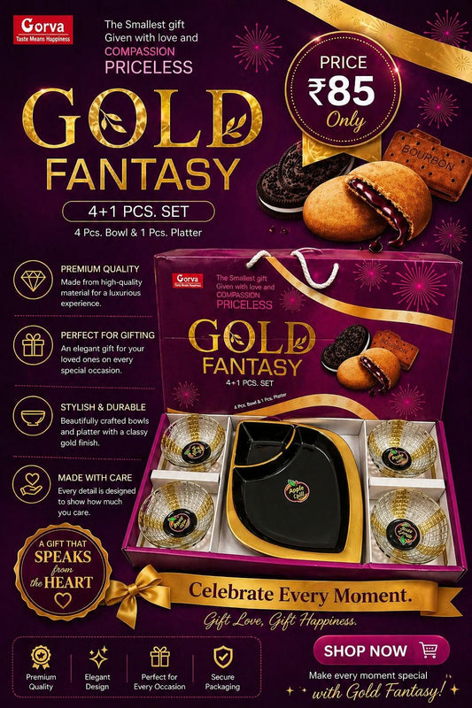 5 Pcs Gold Fantasy Pudding Set | 4 Premium Glass Bowls & 1 Big Platter