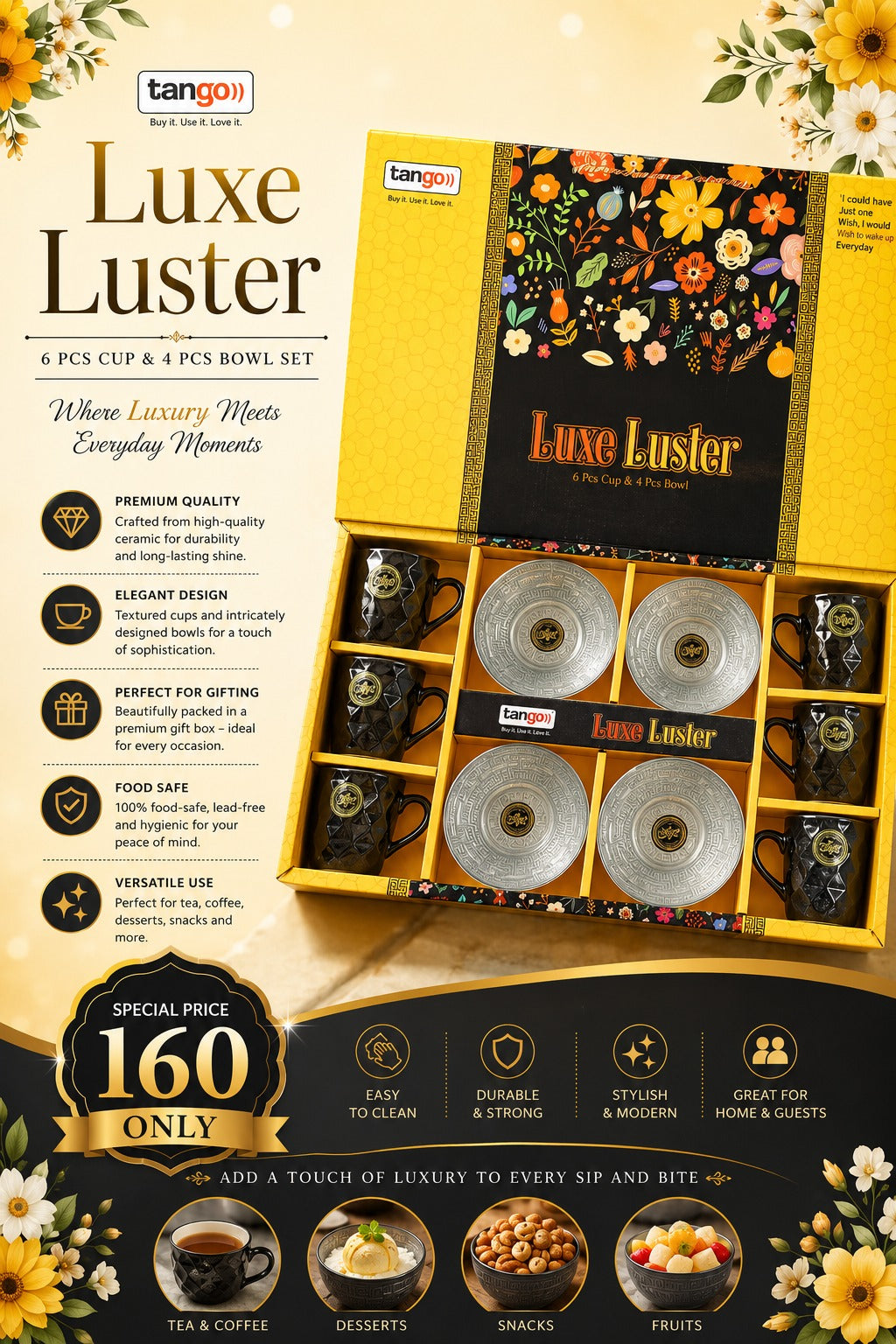 10 Pcs Luxe Luster Premium Quality Gift Set | 6 Cups & 4 Premium Bowls
