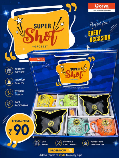 6 Pcs Super Shot Premium Gift Set | 4 Colourful Cups & 2 Black Platters