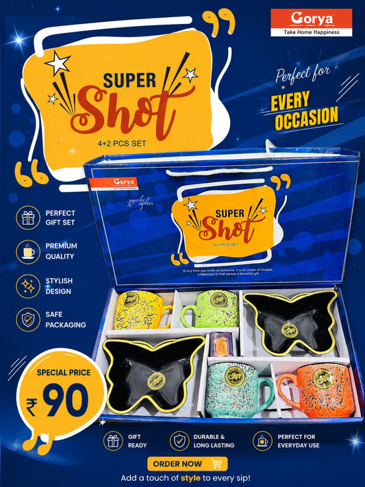 6 Pcs Super Shot Premium Gift Set | 4 Colourful Cups & 2 Black Platters