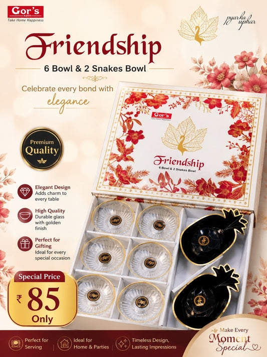 8 Pcs Friendship Gift Set | 6 Glass Bowls & 2 Black Platters