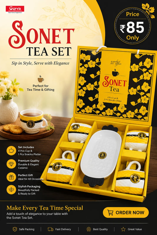 5 Pcs Sonet Premium Tea Set | 4 Colourful Cups & 1 Big Platter