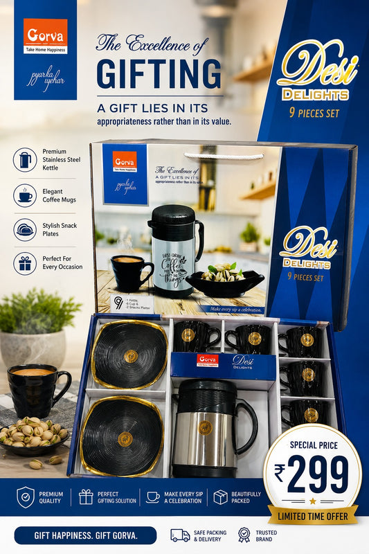 9 Pcs Desi Delight Gift Set | 1 Stainless Steel Kettle, 6 Cups & 2 Platters