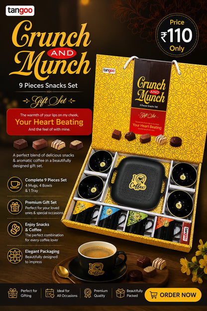 9 Pcs Crunch & Munch Snacks Set | 4 Premium Cups, 4 Bowls & 1 Platter