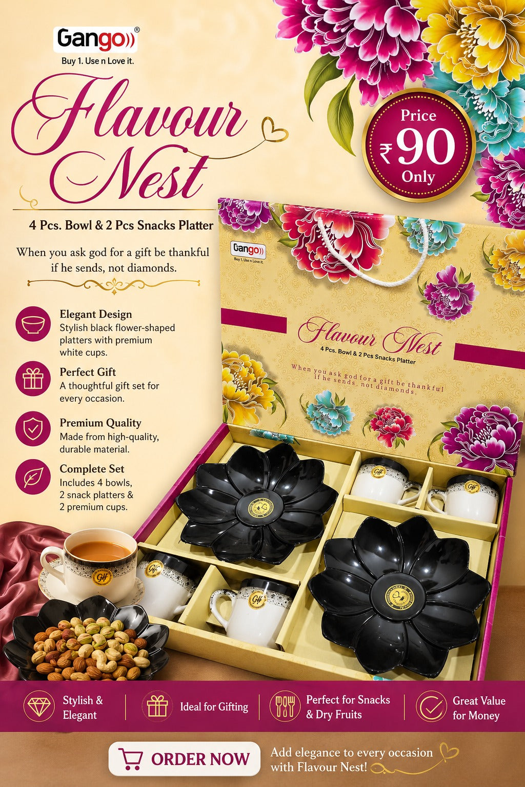 6 Pcs Flavour Nest Snacks Set | 4 Cups & 2 Platters