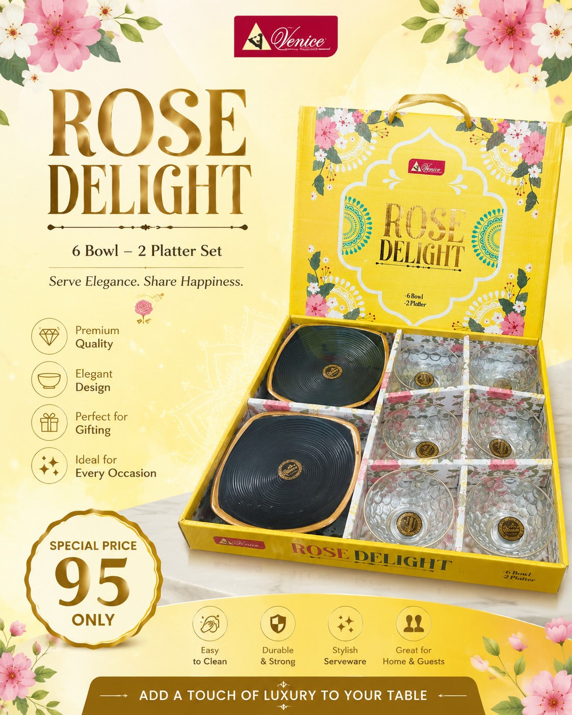 8 Pcs Rose Delight Pudding Set | 6 Bowls & 2 Platters