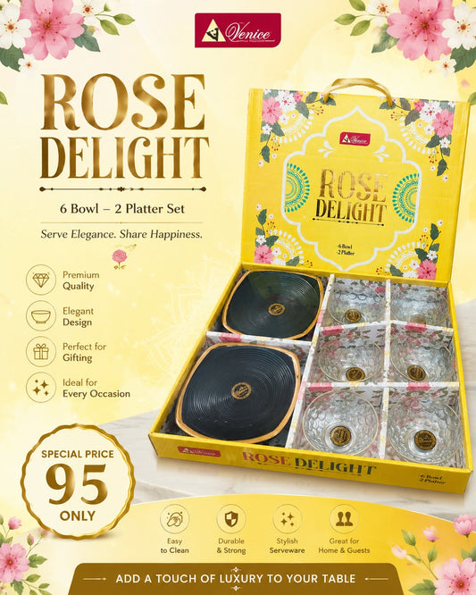 8 Pcs Rose Delight Pudding Set | 6 Bowls & 2 Platters