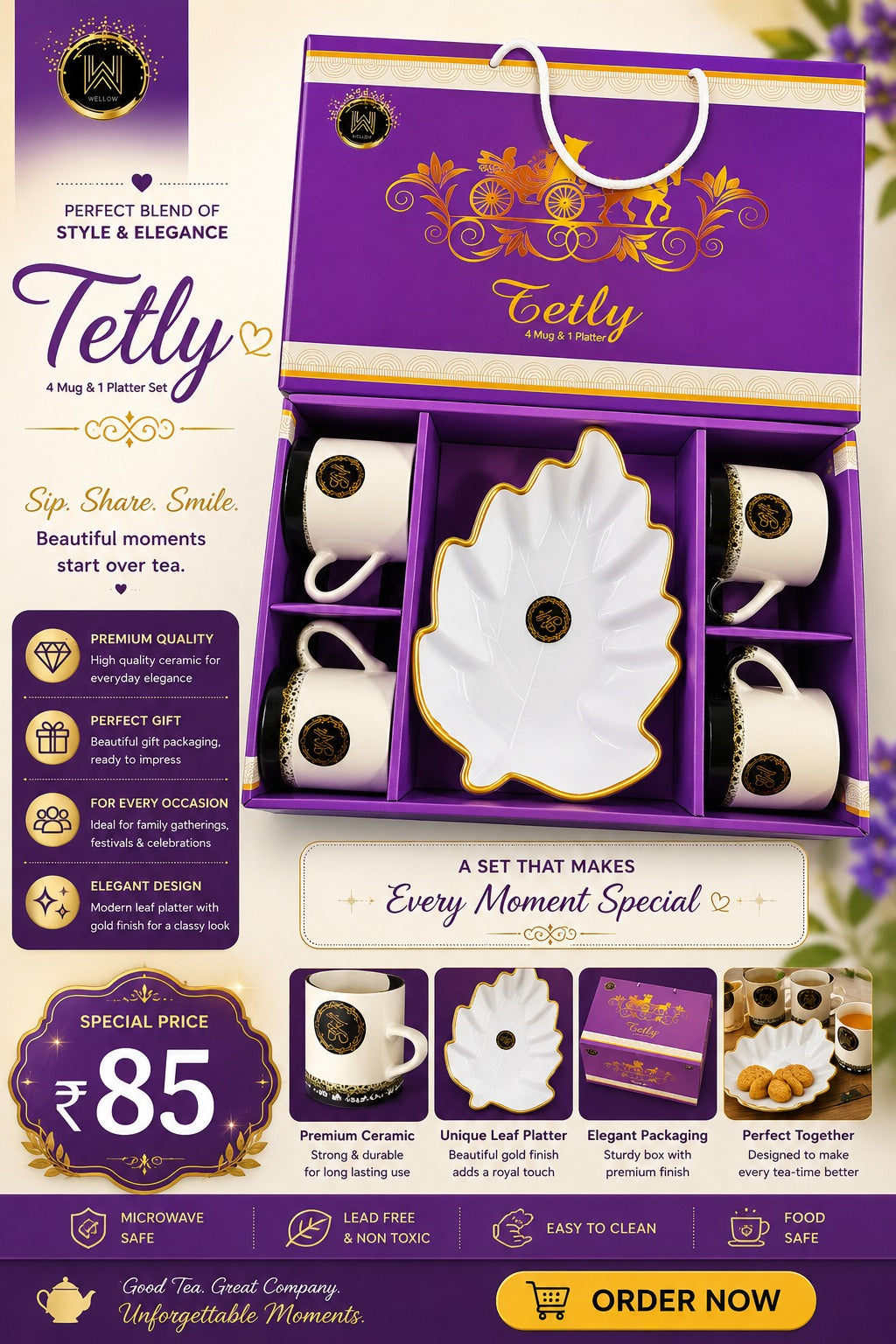 5 Pcs Tetly Snacks Set | 4 Mugs & 1 Big Platter