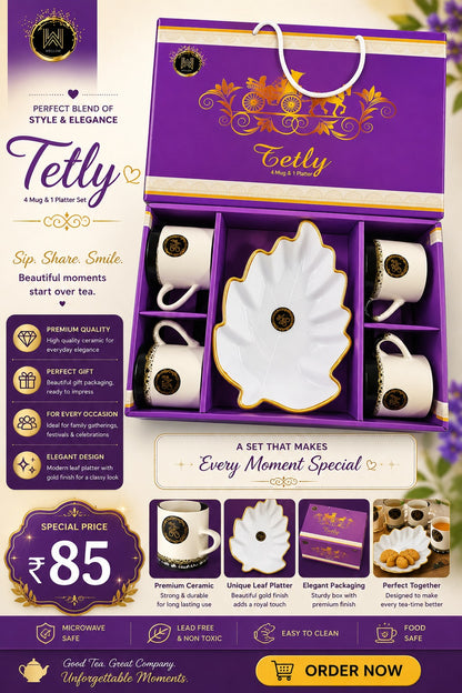 5 Pcs Tetly Snacks Set | 4 Mugs & 1 Big Platter