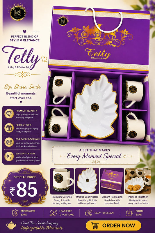 5 Pcs Tetly Snacks Set | 4 Mugs & 1 Big Platter