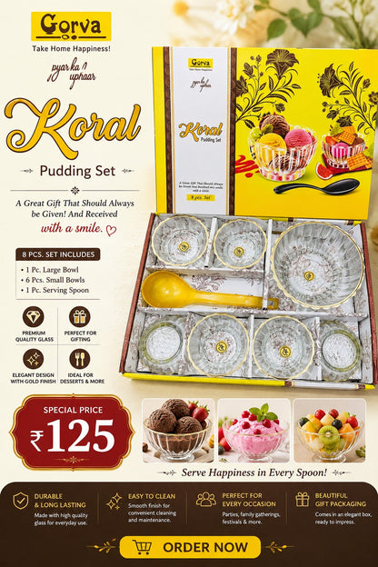 8 Pcs Koral Pudding Set | 6 Small Bowls, 1 Big Bowl & 1 Serving Spoon