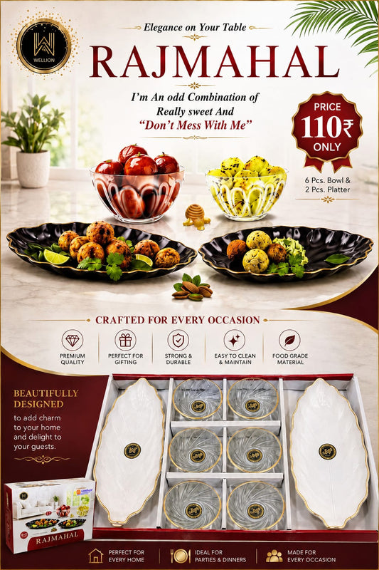 8 Pcs RajMahal Pudding Set | 6 Glass Bowls & 2 Platters | Elegant Dessert Gifting