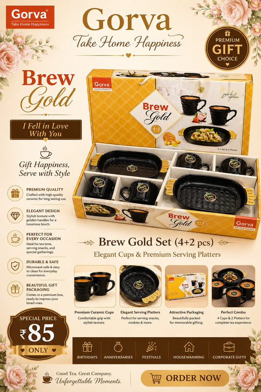 6 Pcs Brew Gold Tea Set | 4 Cups & 2 Big Platters