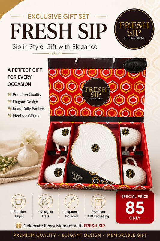 5 Pcs Fresh Sip Gift Set | 4 Ceramic Cups & 1 Premium Platter